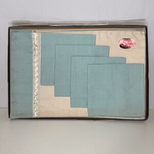 MODERN LIVING Vtg MCM Linen Napkins Placemats Set of 4 Nib But Dirty‎ Teal Cream